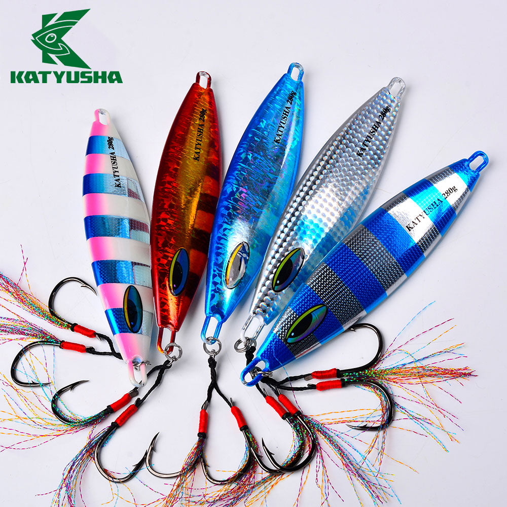 KATYUSHA 180-230-280g Long Throw Metal Lure with Assist Hook Seawater Jigging Lure Boat Fishing Bait Glowing Sea Fishing Lure