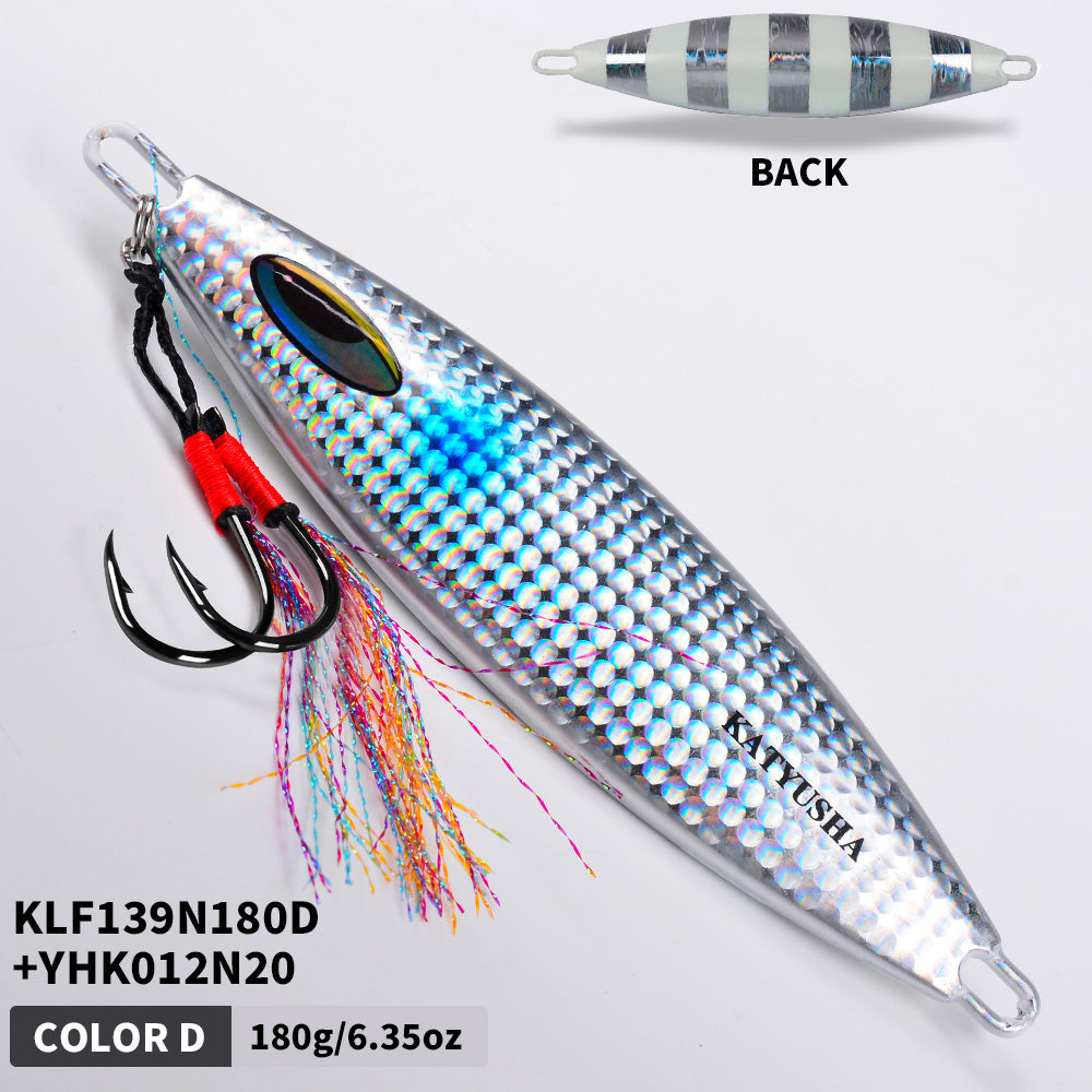 KATYUSHA 180-230-280g Long Throw Metal Lure with Assist Hook Seawater Jigging Lure Boat Fishing Bait Glowing Sea Fishing Lure