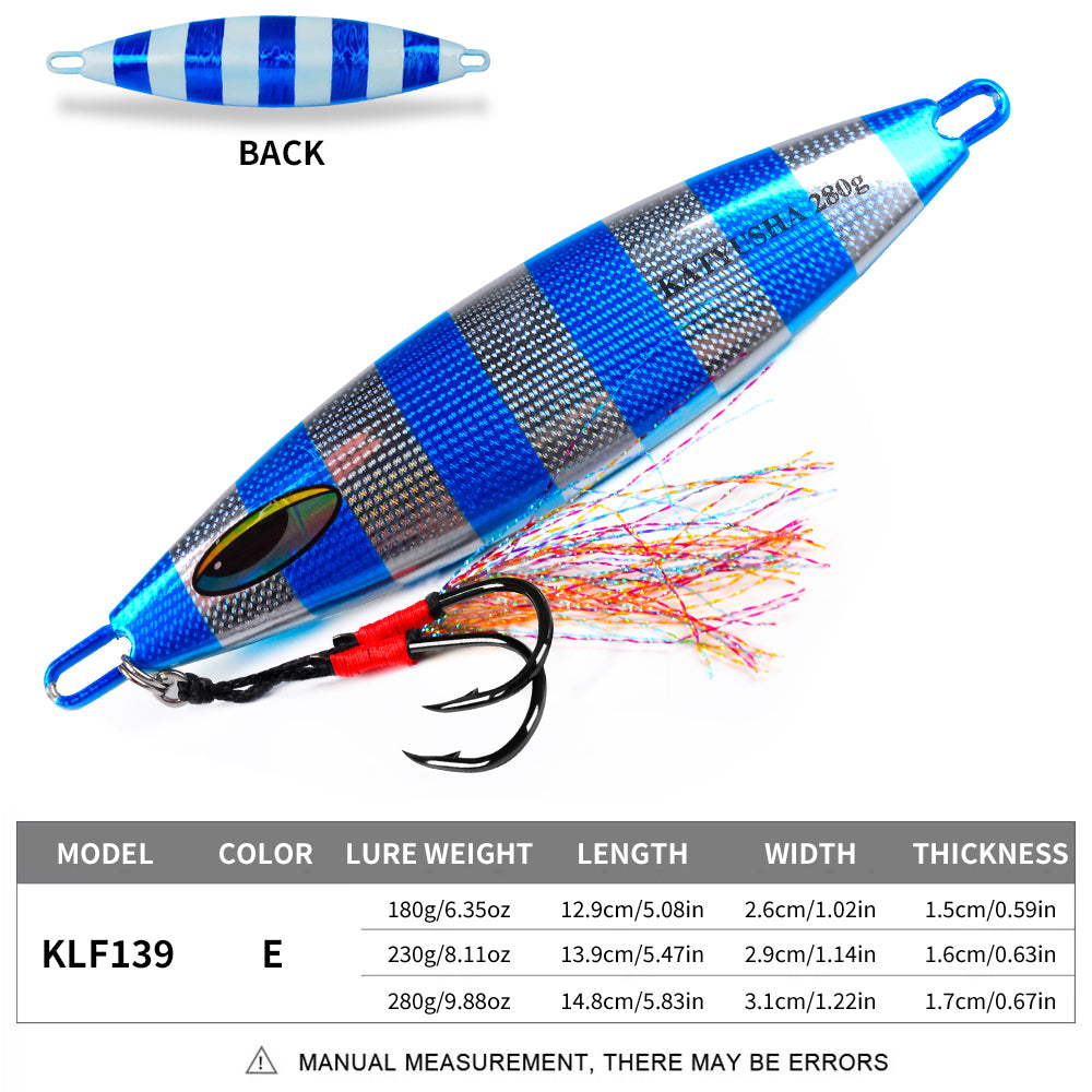 KATYUSHA 180-230-280g Long Throw Metal Lure with Assist Hook Seawater Jigging Lure Boat Fishing Bait Glowing Sea Fishing Lure