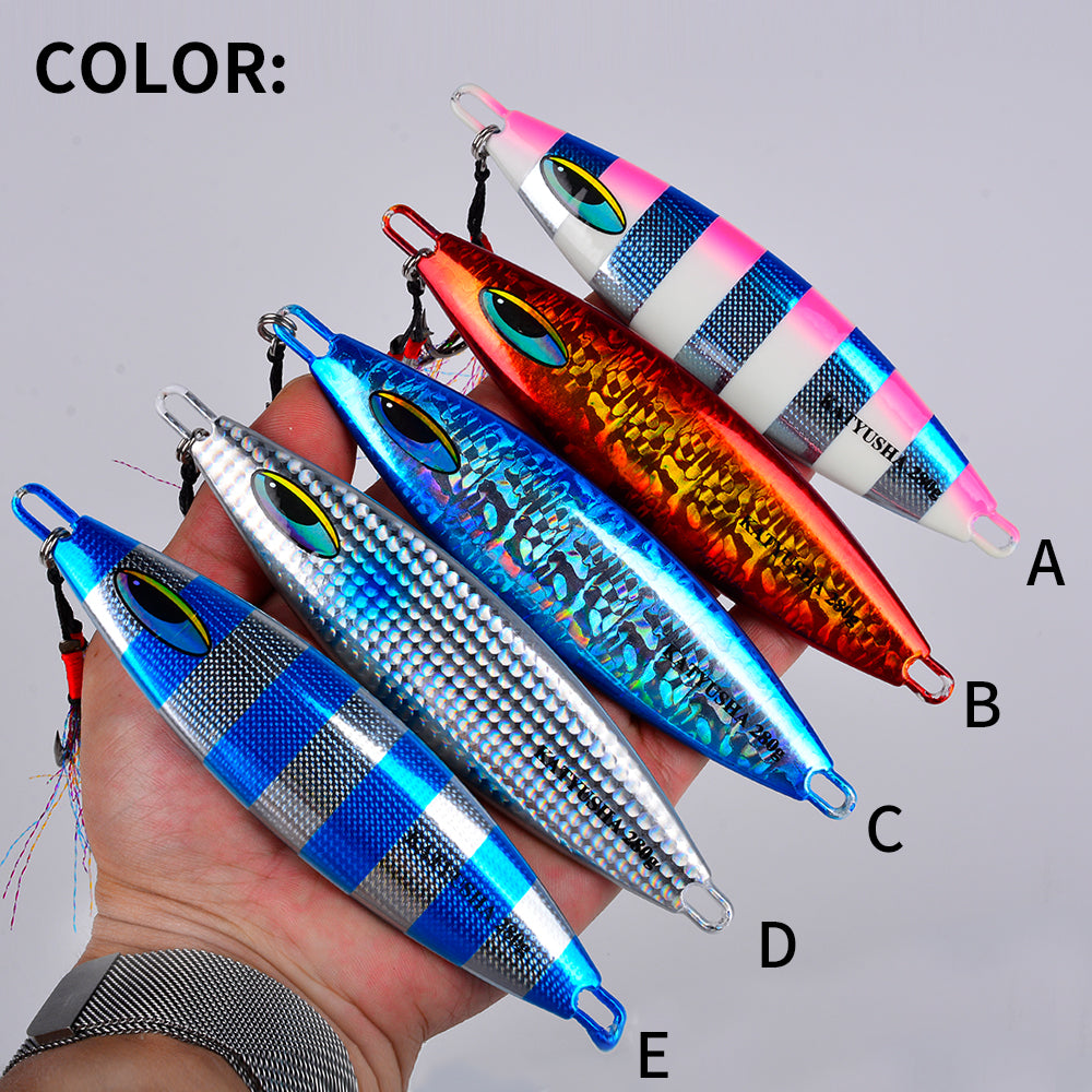 KATYUSHA 180-230-280g Long Throw Metal Lure with Assist Hook Seawater Jigging Lure Boat Fishing Bait Glowing Sea Fishing Lure