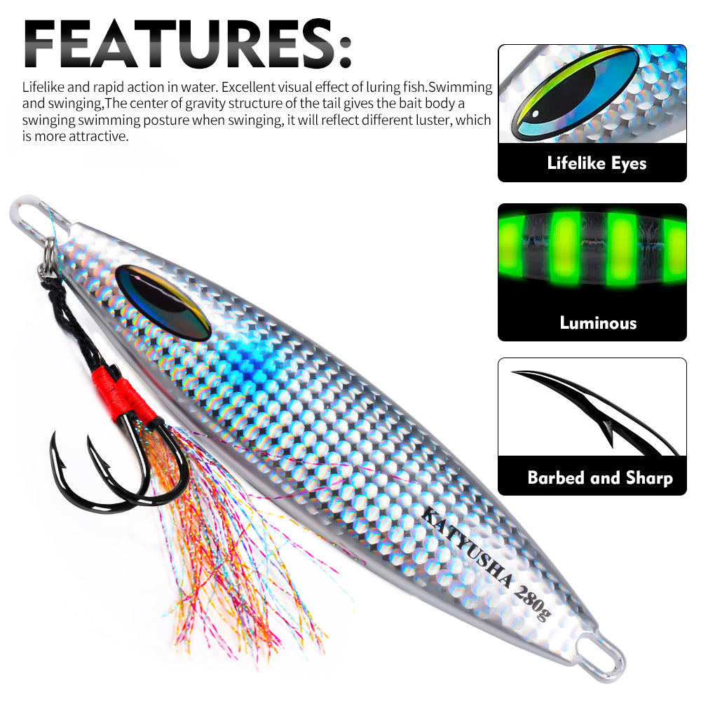 KATYUSHA 180-230-280g Long Throw Metal Lure with Assist Hook Seawater Jigging Lure Boat Fishing Bait Glowing Sea Fishing Lure