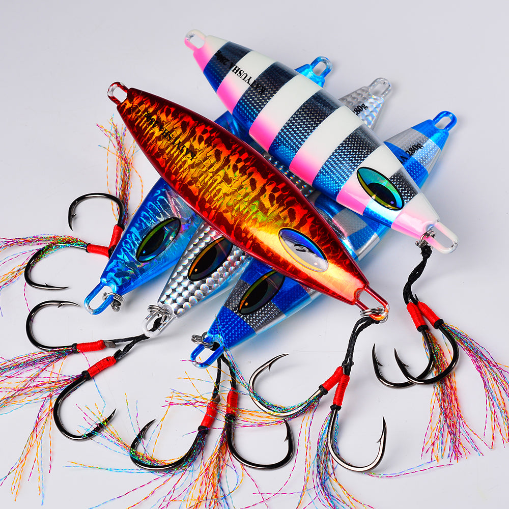 KATYUSHA 180-230-280g Long Throw Metal Lure with Assist Hook Seawater Jigging Lure Boat Fishing Bait Glowing Sea Fishing Lure