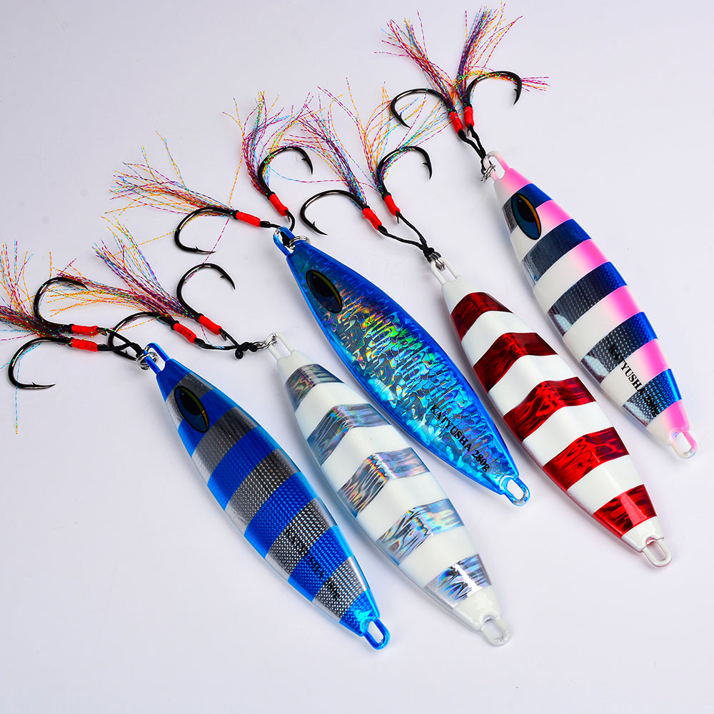 KATYUSHA 180-230-280g Long Throw Metal Lure with Assist Hook Seawater Jigging Lure Boat Fishing Bait Glowing Sea Fishing Lure