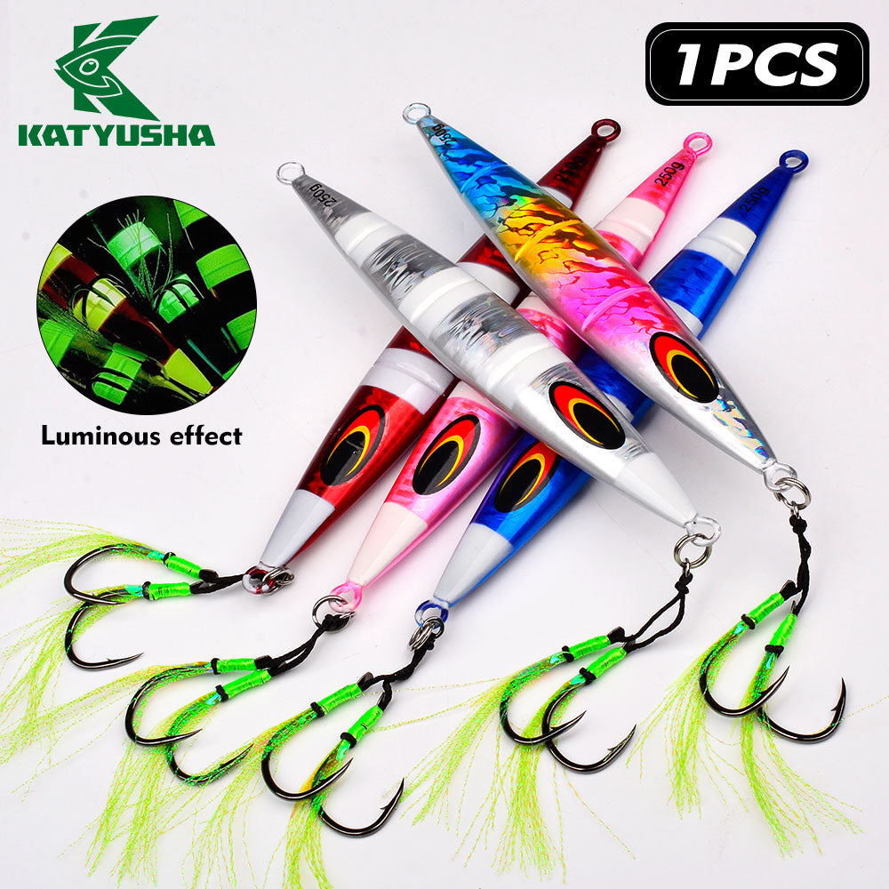 KATYUSHA 1PCS Slow Cast Jigging Bait 30-60-100-150-200-250g Metal Jigs Fishing Lures Artificial Hard Wobbler Bass Fishing Tackle( with Assist Hook)
