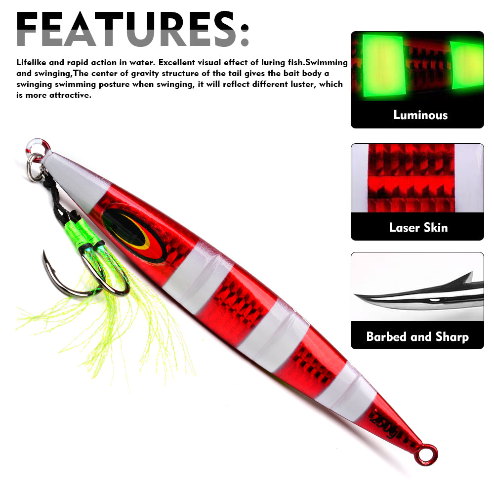 KATYUSHA 1PCS Slow Cast Jigging Bait 30-60-100-150-200-250g Metal Jigs Fishing Lures Artificial Hard Wobbler Bass Fishing Tackle( with Assist Hook)