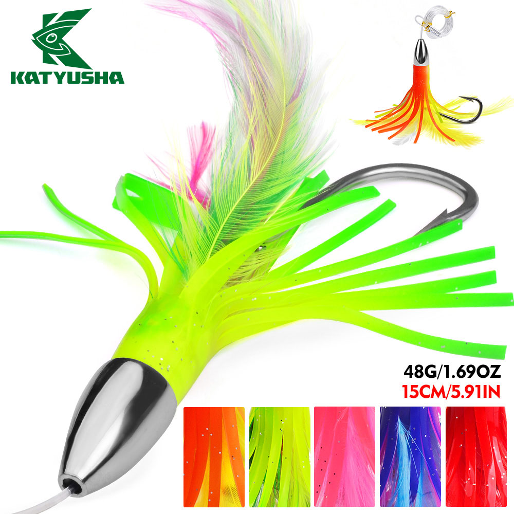 KATYUSHA Squid Trolling Lure, 48g/ 15cm, Pre-Rigged with 6/ 0# Hook & 170cm Leader, Fluorescent Green Squid Trolling Bait