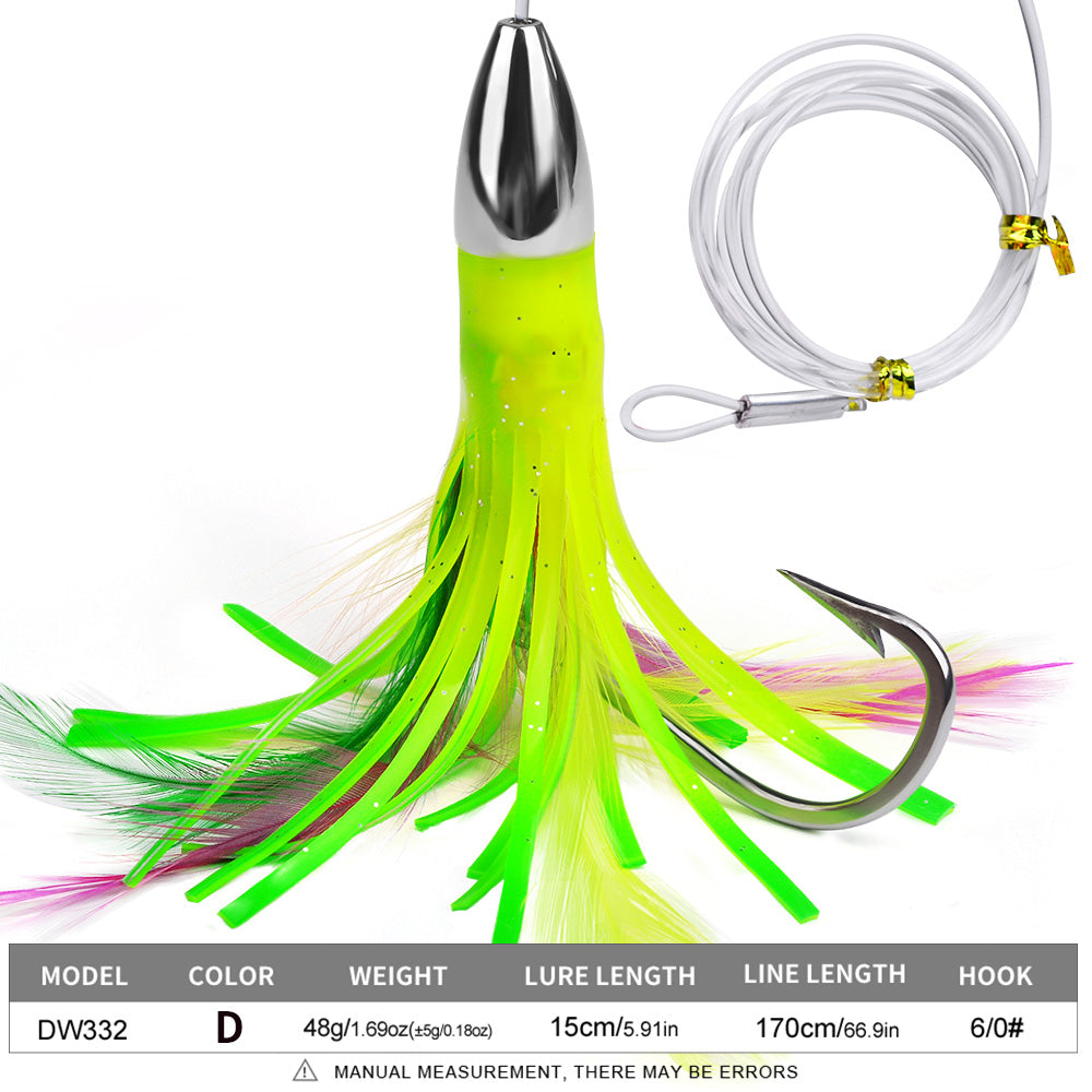 KATYUSHA Squid Trolling Lure, 48g/ 15cm, Pre-Rigged with 6/ 0# Hook & 170cm Leader, Fluorescent Green Squid Trolling Bait
