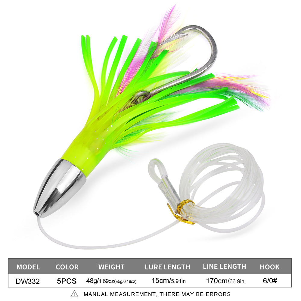 KATYUSHA Squid Trolling Lure, 48g/ 15cm, Pre-Rigged with 6/ 0# Hook & 170cm Leader, Fluorescent Green Squid Trolling Bait