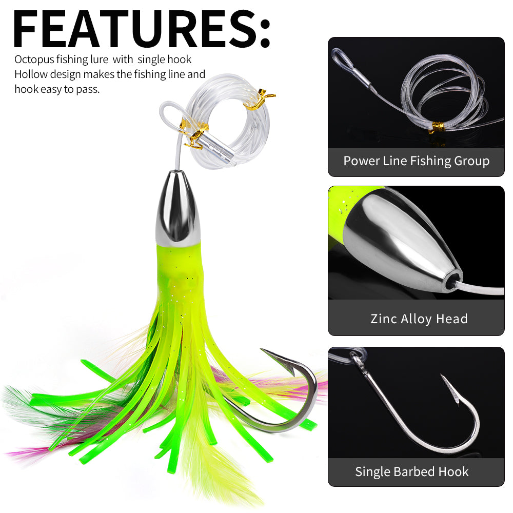 KATYUSHA Squid Trolling Lure, 48g/ 15cm, Pre-Rigged with 6/ 0# Hook & 170cm Leader, Fluorescent Green Squid Trolling Bait