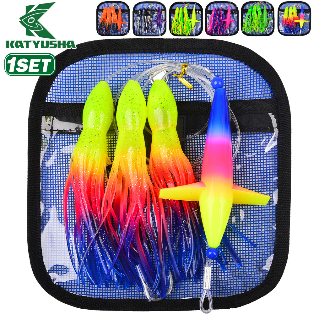 KATYUSHA Offshore Trolling Rig, Dolphin Teaser + Squid Skirts, Pre-Rigged Lead Hook