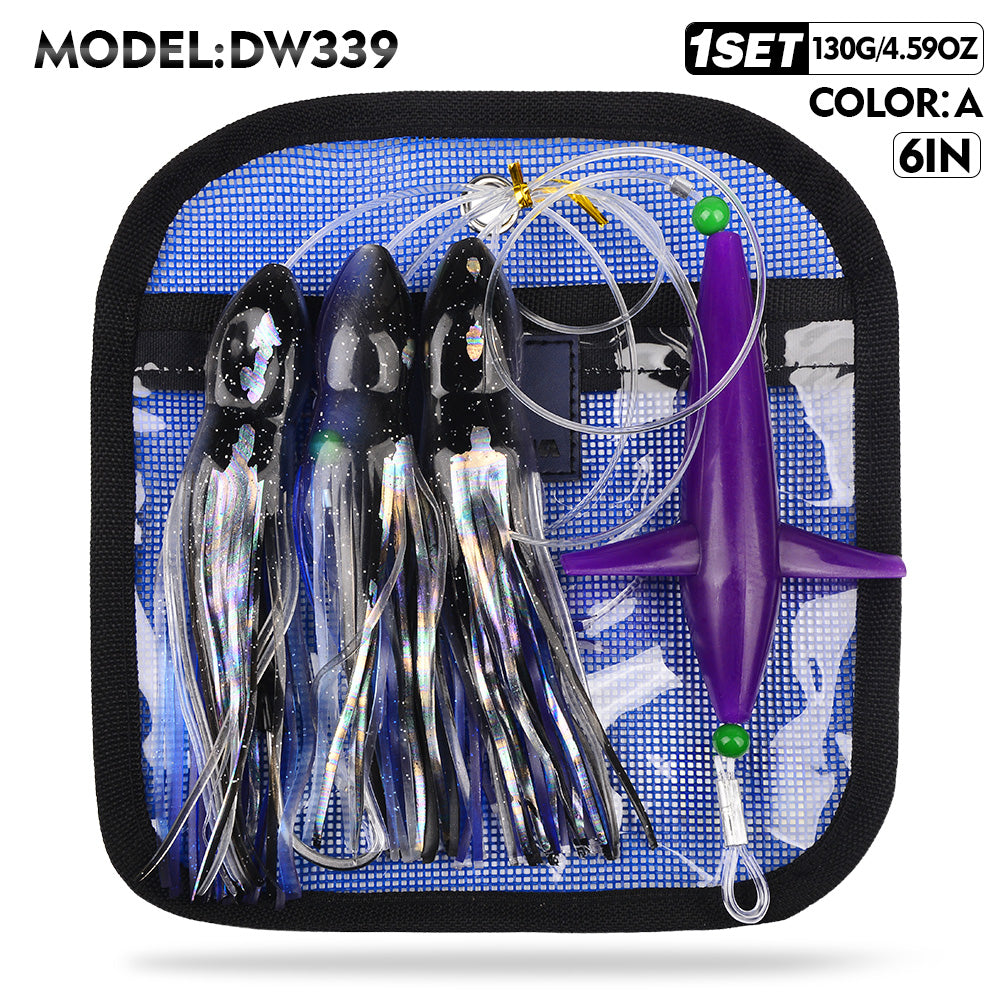 KATYUSHA Offshore Trolling Rig, Dolphin Teaser + Squid Skirts, Pre-Rigged Lead Hook