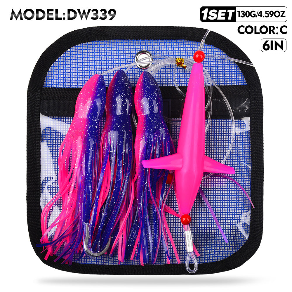 KATYUSHA Offshore Trolling Rig, Dolphin Teaser + Squid Skirts, Pre-Rigged Lead Hook