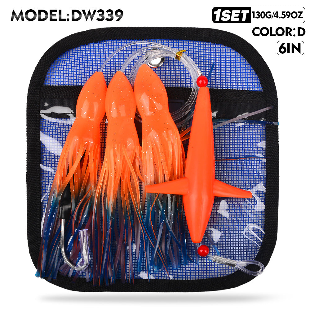 KATYUSHA Offshore Trolling Rig, Dolphin Teaser + Squid Skirts, Pre-Rigged Lead Hook