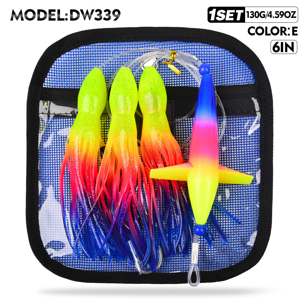 KATYUSHA Offshore Trolling Rig, Dolphin Teaser + Squid Skirts, Pre-Rigged Lead Hook