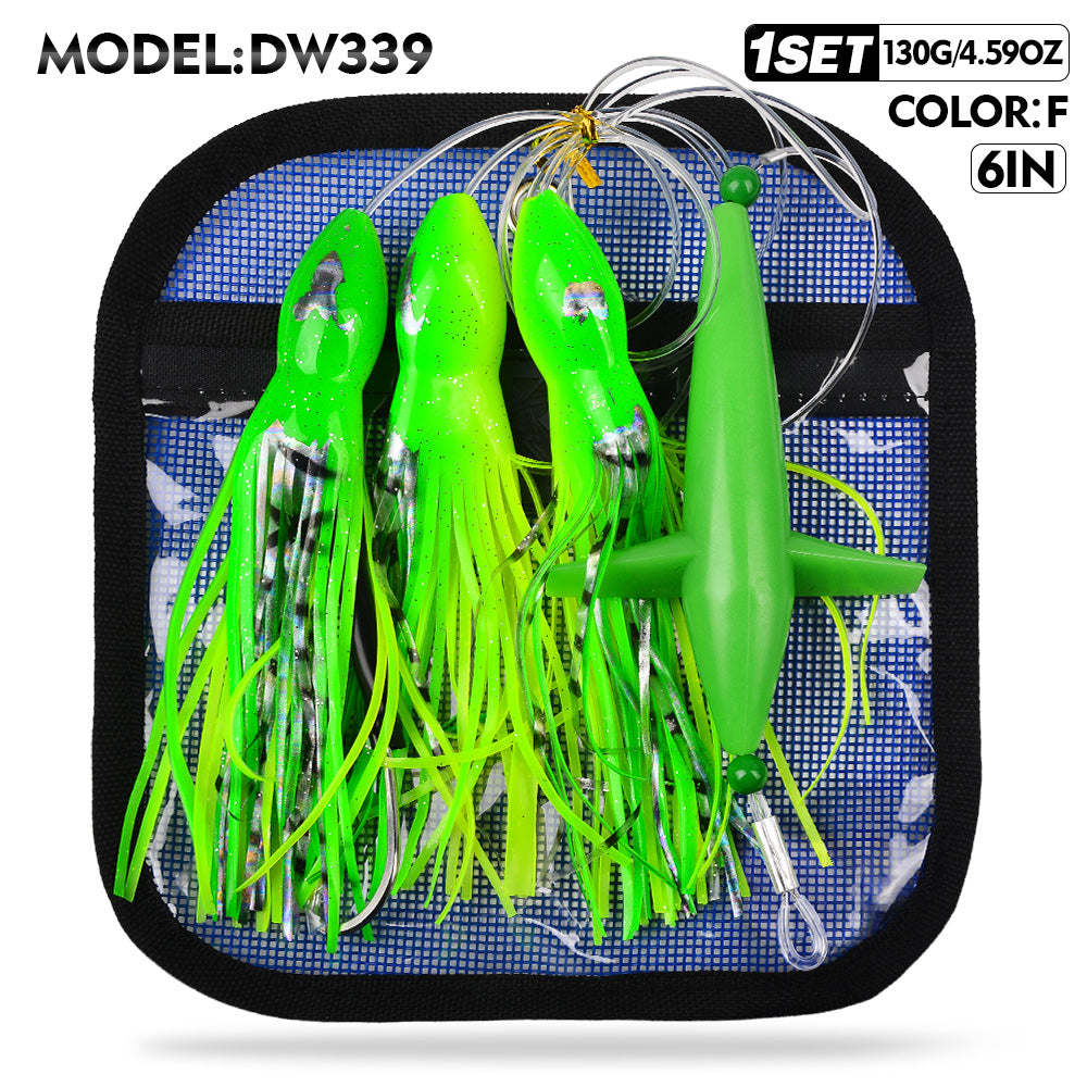 KATYUSHA Offshore Trolling Rig, Dolphin Teaser + Squid Skirts, Pre-Rigged Lead Hook