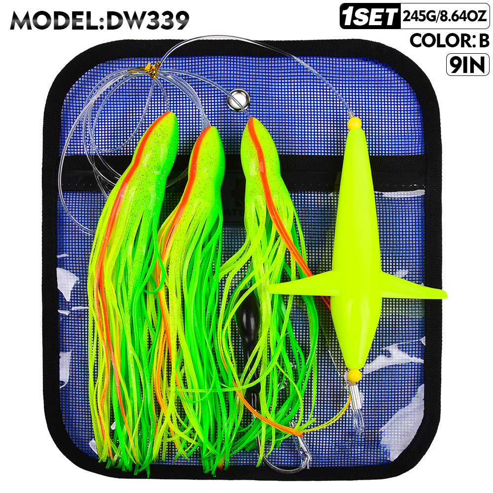 KATYUSHA Offshore Trolling Rig, Dolphin Teaser + Squid Skirts, Pre-Rigged Lead Hook