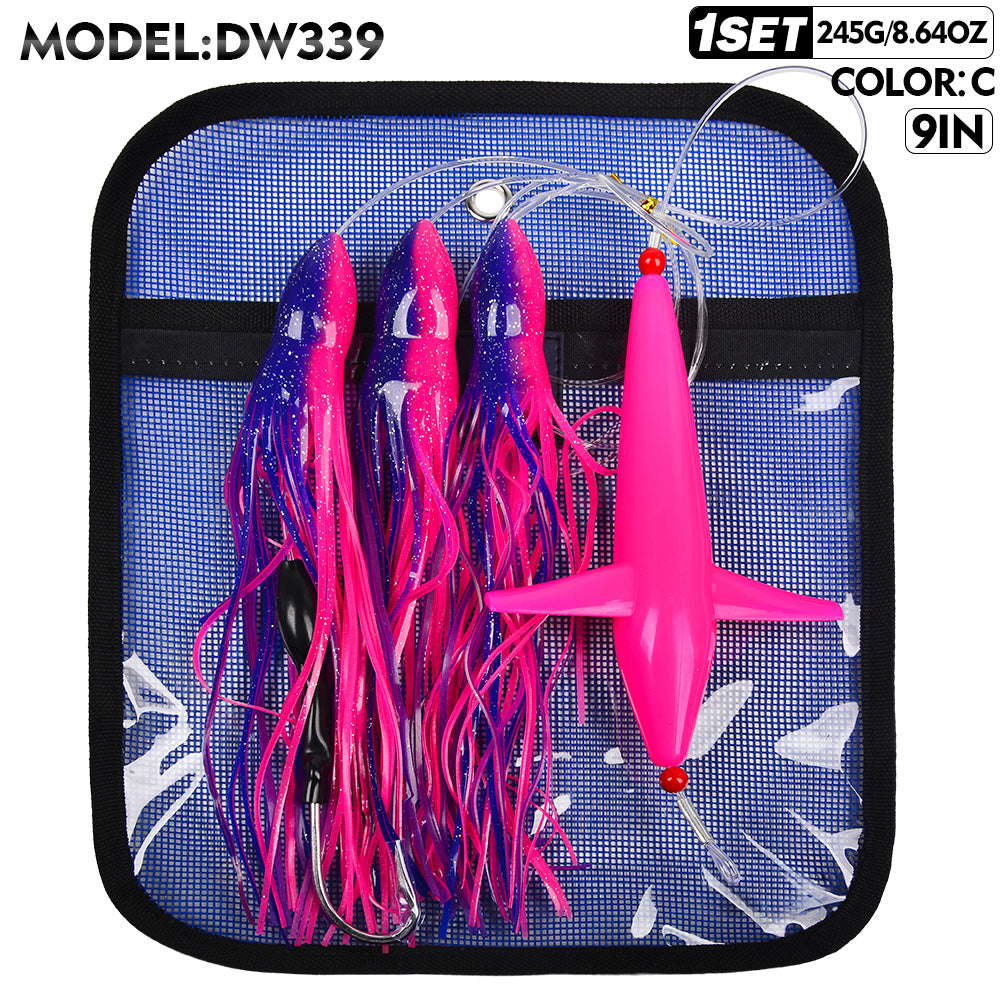 KATYUSHA Offshore Trolling Rig, Dolphin Teaser + Squid Skirts, Pre-Rigged Lead Hook