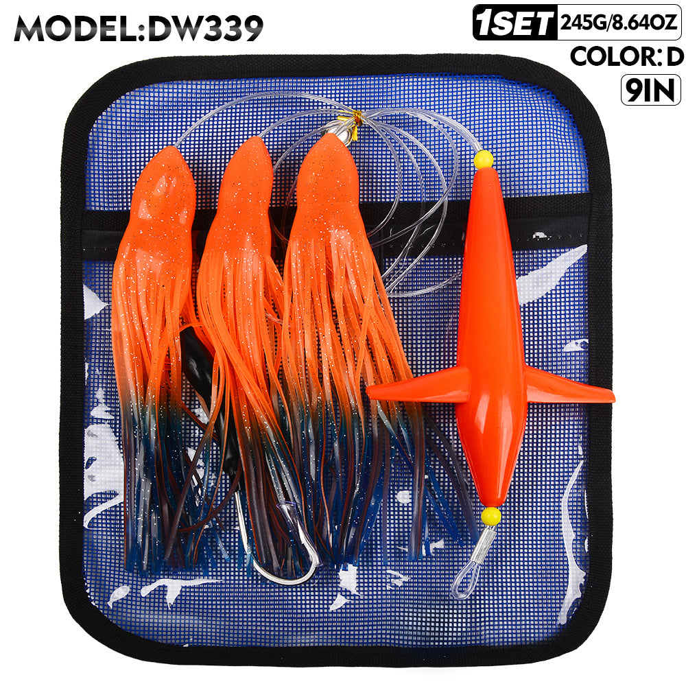 KATYUSHA Offshore Trolling Rig, Dolphin Teaser + Squid Skirts, Pre-Rigged Lead Hook