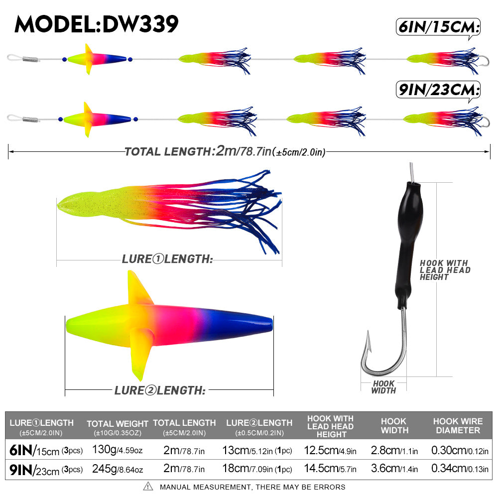 KATYUSHA Offshore Trolling Rig, Dolphin Teaser + Squid Skirts, Pre-Rigged Lead Hook