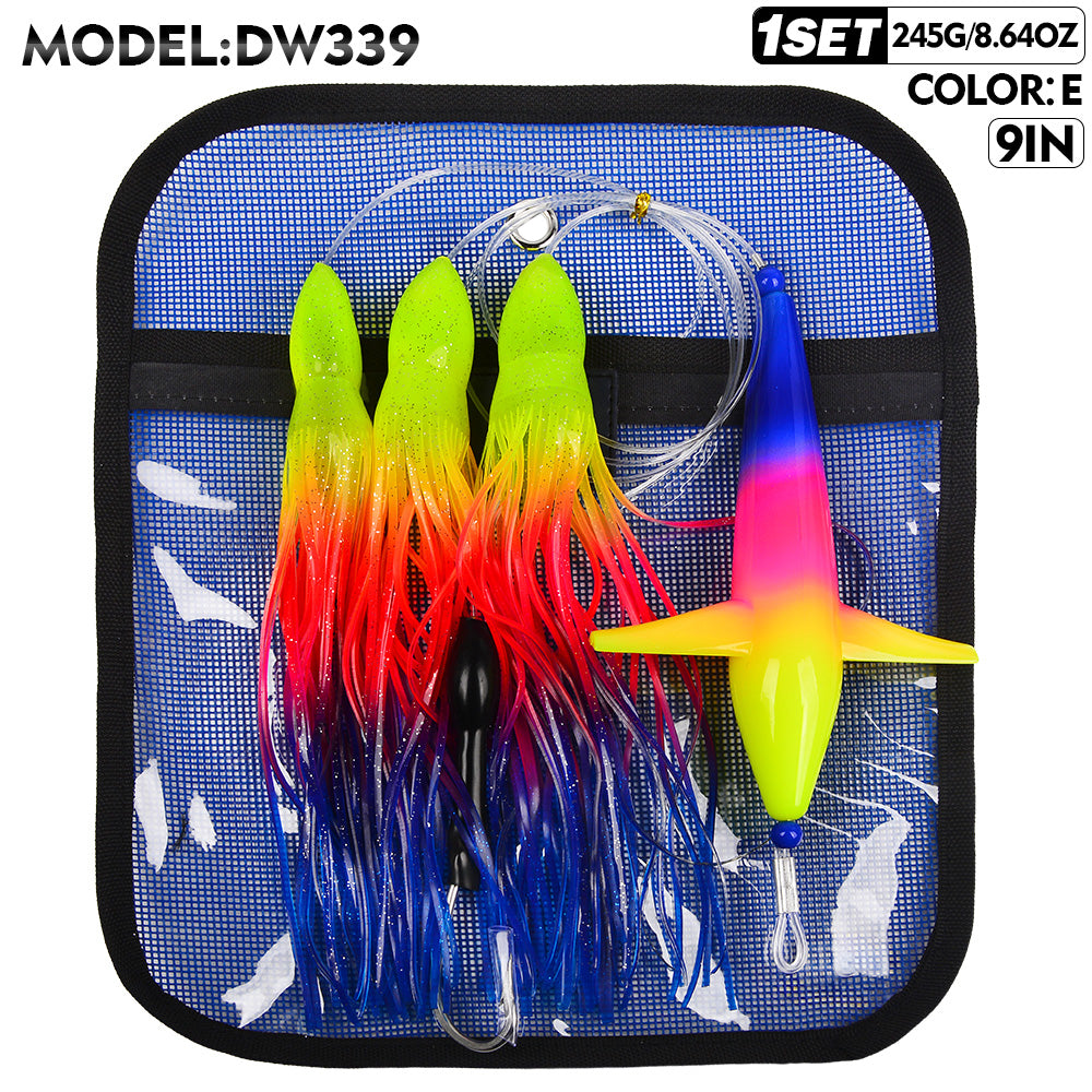 KATYUSHA Offshore Trolling Rig, Dolphin Teaser + Squid Skirts, Pre-Rigged Lead Hook