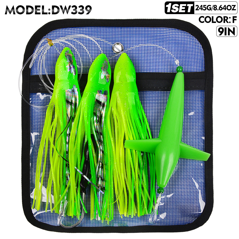 KATYUSHA Offshore Trolling Rig, Dolphin Teaser + Squid Skirts, Pre-Rigged Lead Hook