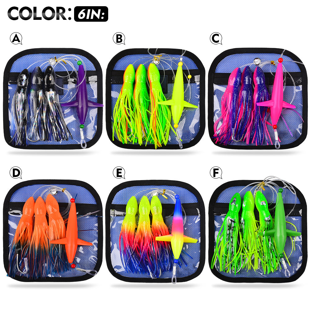 KATYUSHA Offshore Trolling Rig, Dolphin Teaser + Squid Skirts, Pre-Rigged Lead Hook