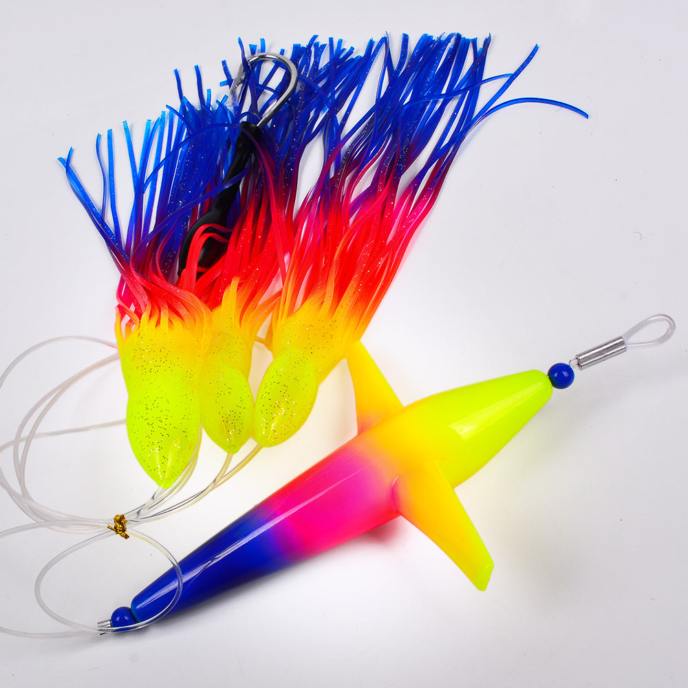 KATYUSHA Offshore Trolling Rig, Dolphin Teaser + Squid Skirts, Pre-Rigged Lead Hook