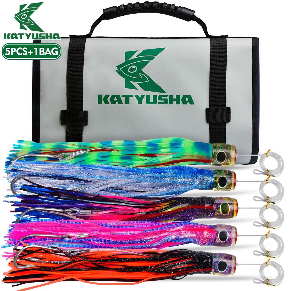 KATYUSHA Trolling Lure Set, 5PCS/ Set, 9/ 11/ 14in, Round/ Pointed Head, with Storage Bag