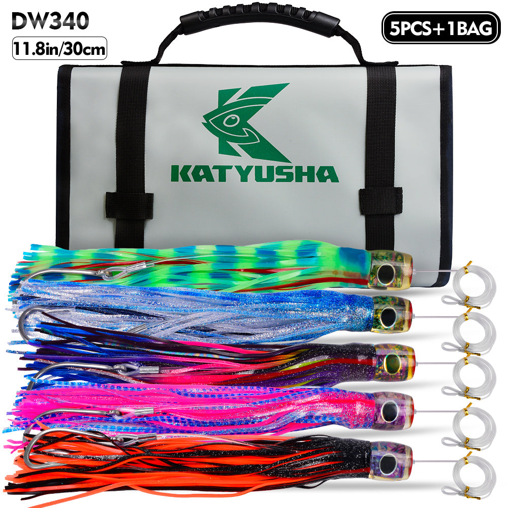 KATYUSHA Trolling Lure Set, 5PCS/ Set, 9/ 11/ 14in, Round/ Pointed Head, with Storage Bag