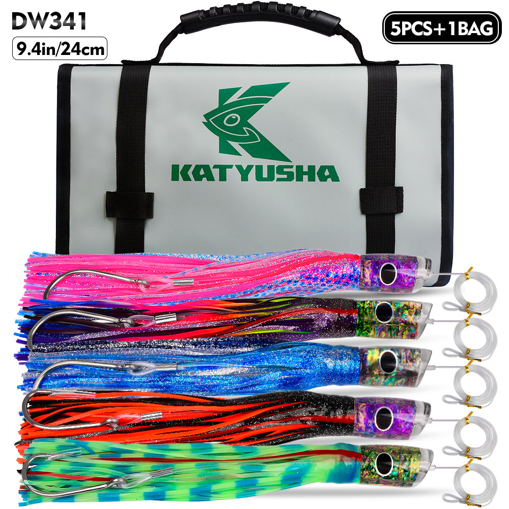 KATYUSHA Trolling Lure Set, 5PCS/ Set, 9/ 11/ 14in, Round/ Pointed Head, with Storage Bag
