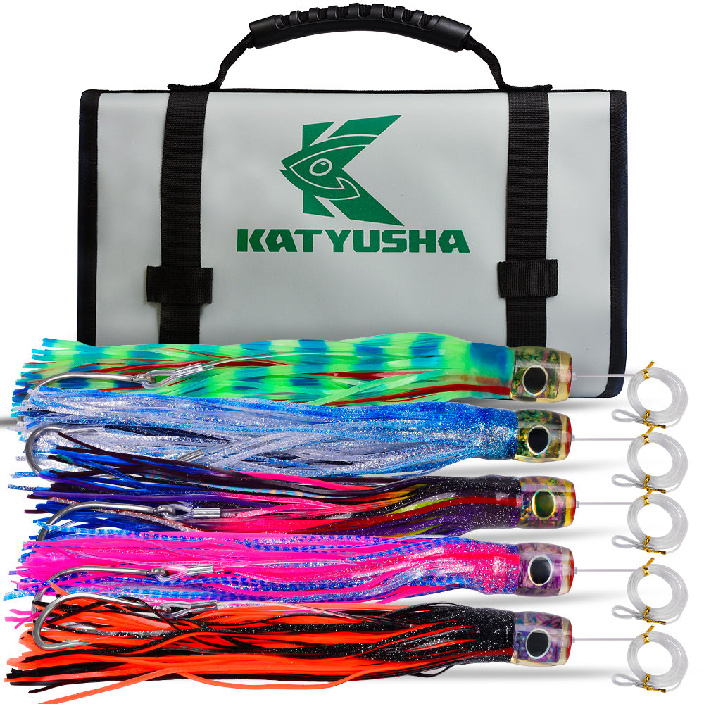 KATYUSHA Trolling Lure Set, 5PCS/ Set, 9/ 11/ 14in, Round/ Pointed Head, with Storage Bag