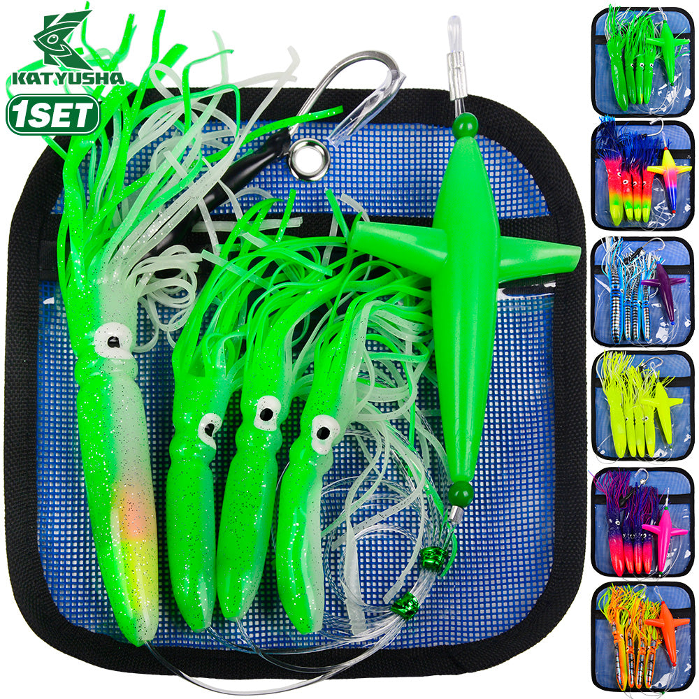 KATYUSHA Offshore Trolling Rig, Orange Dolphin Teaser + Squid Skirts, Pre-Rigged Lead Hook, 6 Colors