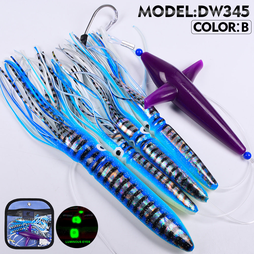 KATYUSHA Offshore Trolling Rig, Orange Dolphin Teaser + Squid Skirts, Pre-Rigged Lead Hook, 6 Colors