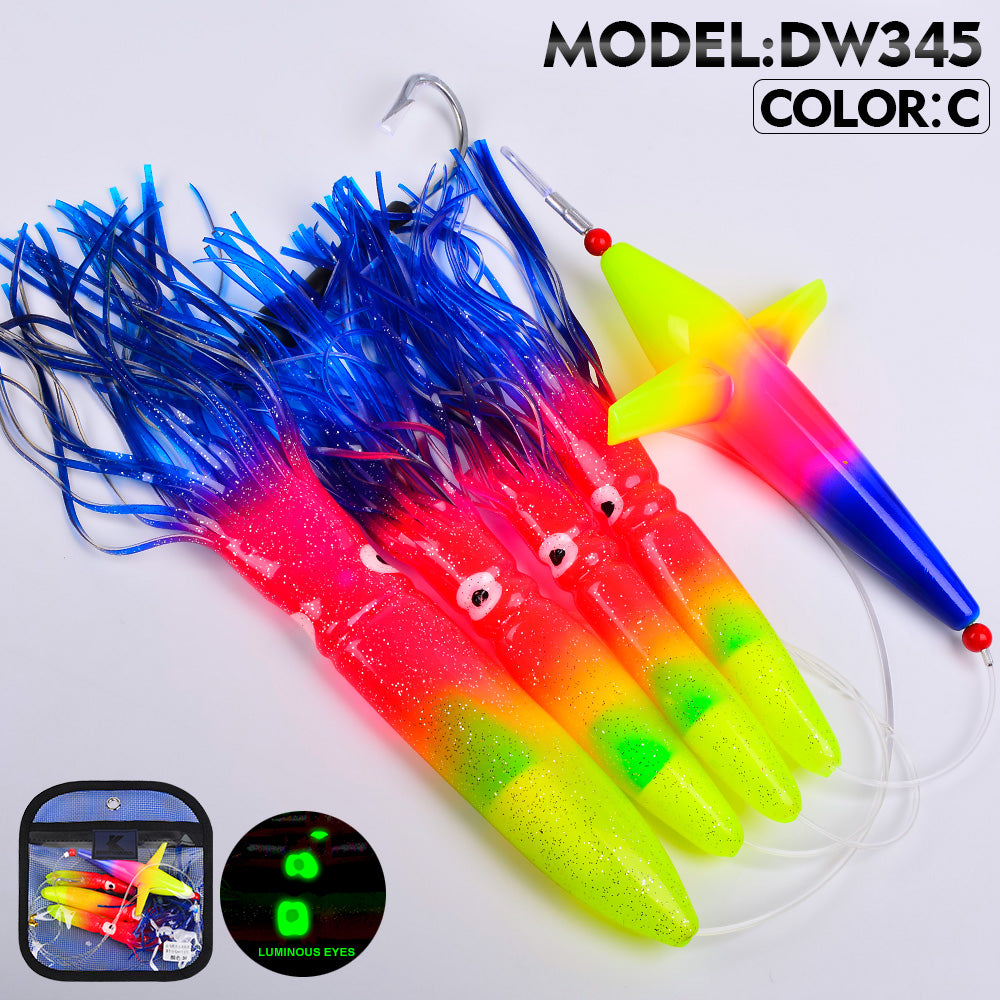 KATYUSHA Offshore Trolling Rig, Orange Dolphin Teaser + Squid Skirts, Pre-Rigged Lead Hook, 6 Colors