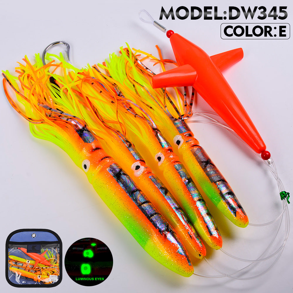 KATYUSHA Offshore Trolling Rig, Orange Dolphin Teaser + Squid Skirts, Pre-Rigged Lead Hook, 6 Colors