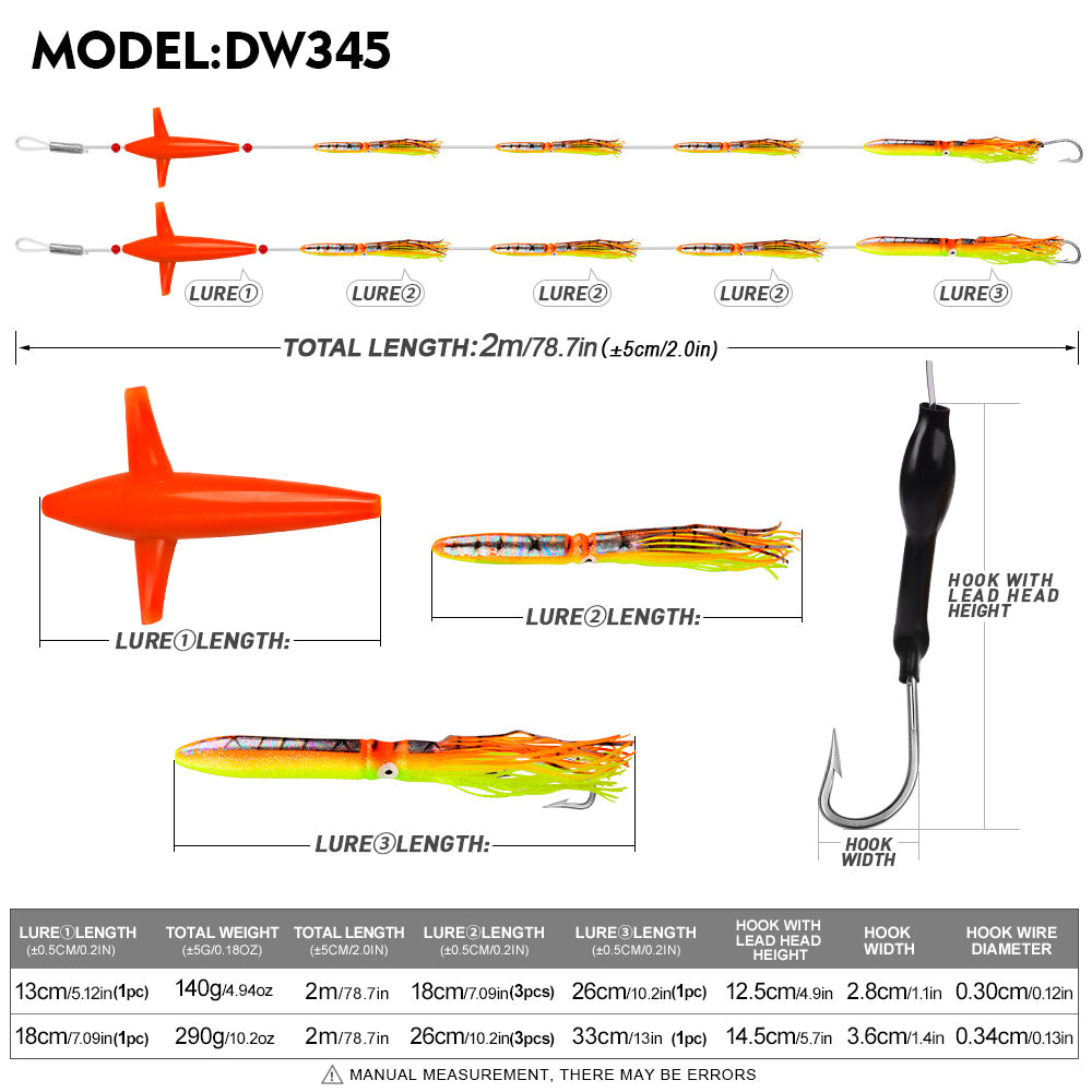 KATYUSHA Offshore Trolling Rig, Orange Dolphin Teaser + Squid Skirts, Pre-Rigged Lead Hook, 6 Colors
