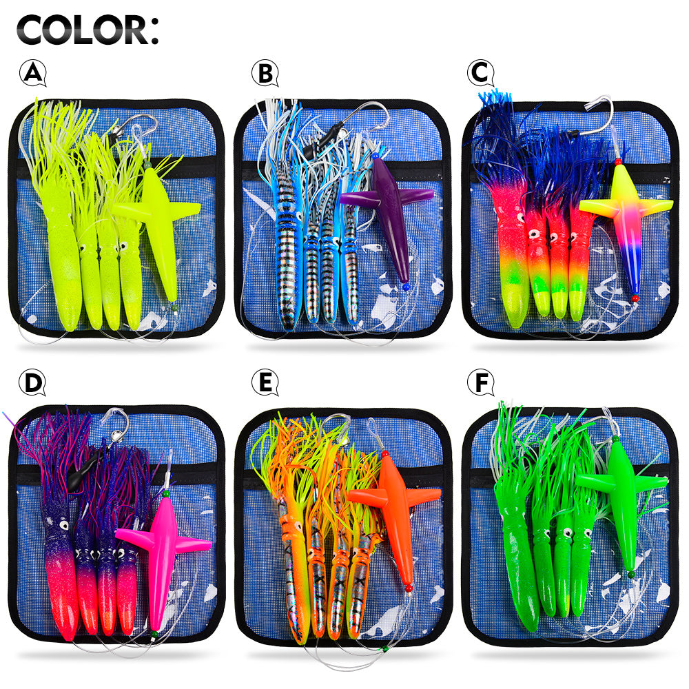 KATYUSHA Offshore Trolling Rig, Orange Dolphin Teaser + Squid Skirts, Pre-Rigged Lead Hook, 6 Colors