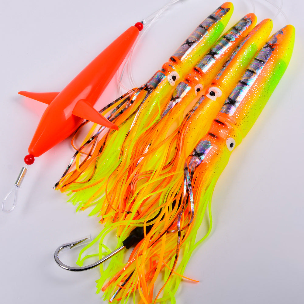 KATYUSHA Offshore Trolling Rig, Orange Dolphin Teaser + Squid Skirts, Pre-Rigged Lead Hook, 6 Colors