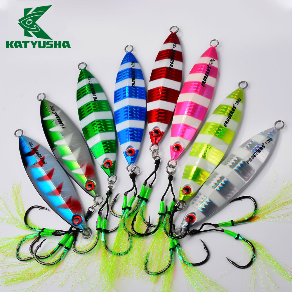 KATYUSHA 80g-100g-120g Glowing Sea Fishing Lure with Assist Hook Seawater Jigging Long Throw Metal Lure Lure Boat Fishing Bait
