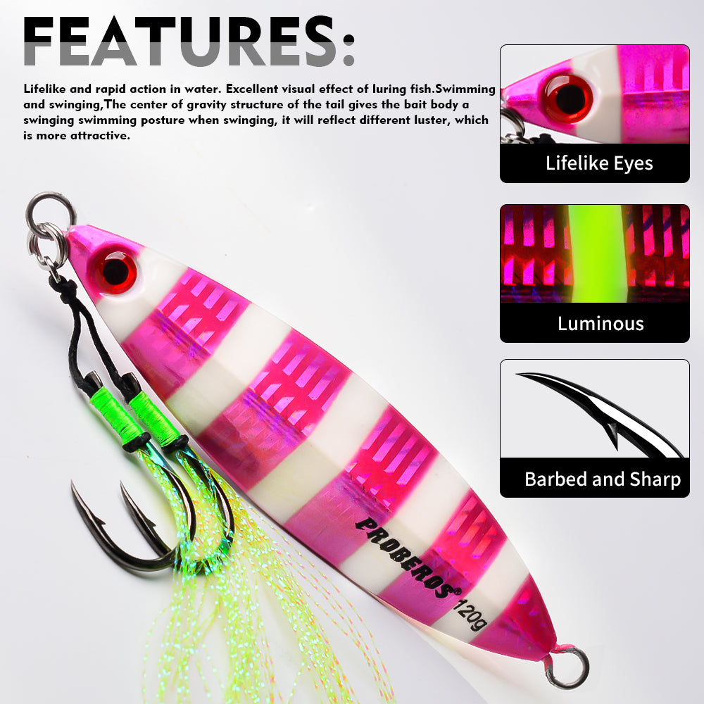 KATYUSHA 80g-100g-120g Glowing Sea Fishing Lure with Assist Hook Seawater Jigging Long Throw Metal Lure Lure Boat Fishing Bait