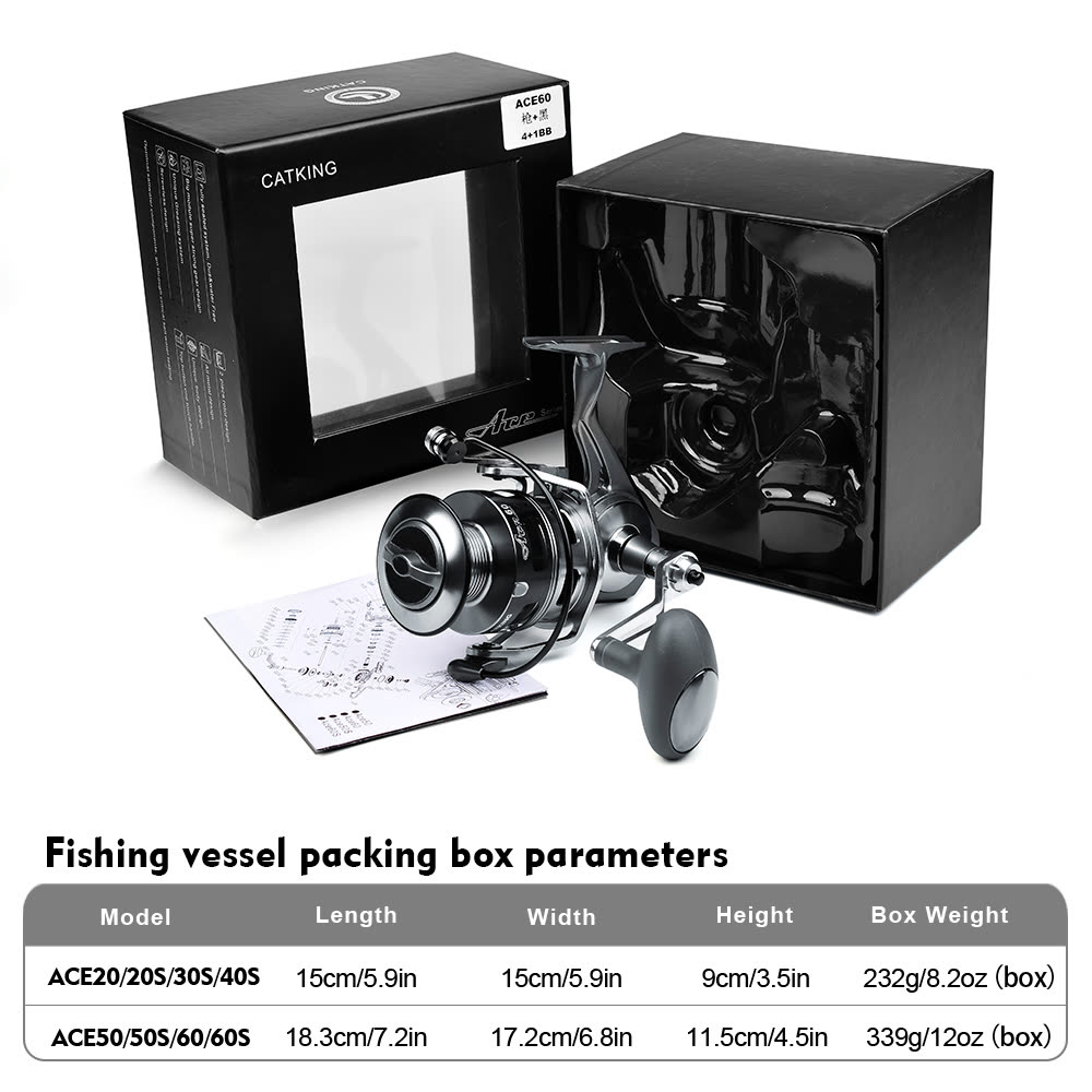 KATYUSHA ACE Spinning Reel, 11+1/ 5+1/ 4+1BB, 5.1:1/ 4.9:1 Gear Ratio, 6kg-14kg Max Drag CNC Aluminum, Left/ Right Interchangeable Handle - retail packaging