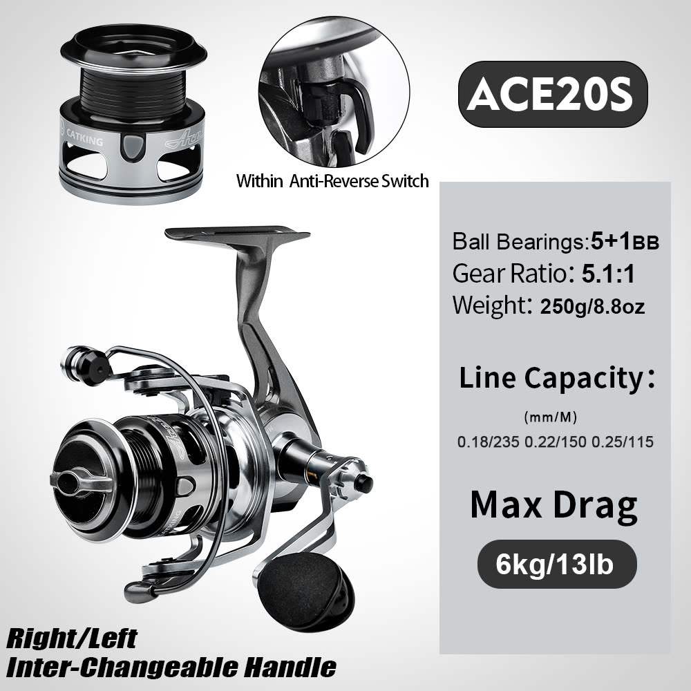 KATYUSHA ACE Spinning Reel, 11+1/ 5+1/ 4+1BB, 5.1:1/ 4.9:1 Gear Ratio, 6kg-14kg Max Drag CNC Aluminum, Left/ Right Interchangeable Handle - colour option ACE20S