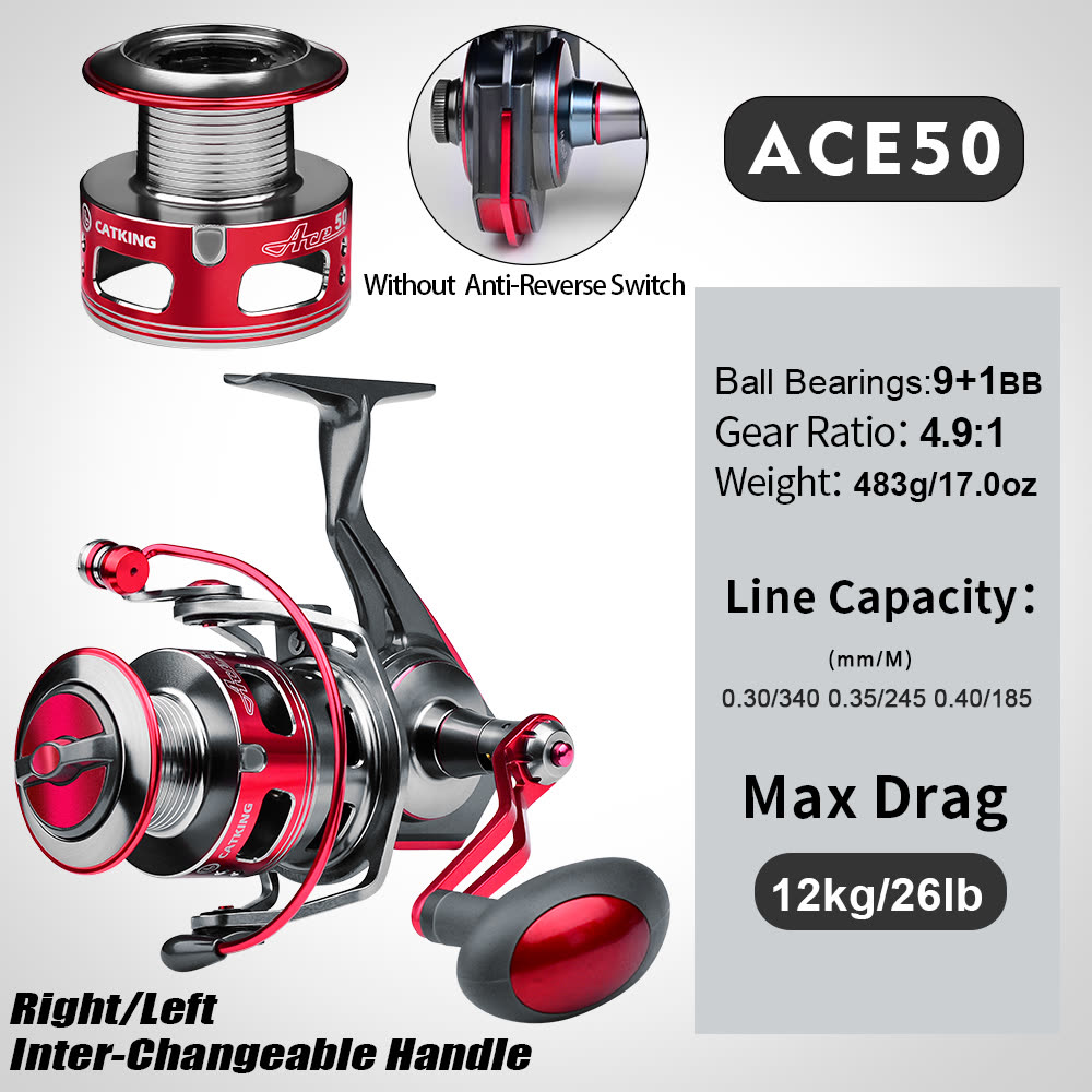 KATYUSHA ACE Spinning Reel, 11+1/ 5+1/ 4+1BB, 5.1:1/ 4.9:1 Gear Ratio, 6kg-14kg Max Drag CNC Aluminum, Left/ Right Interchangeable Handle - colour option ACE50S