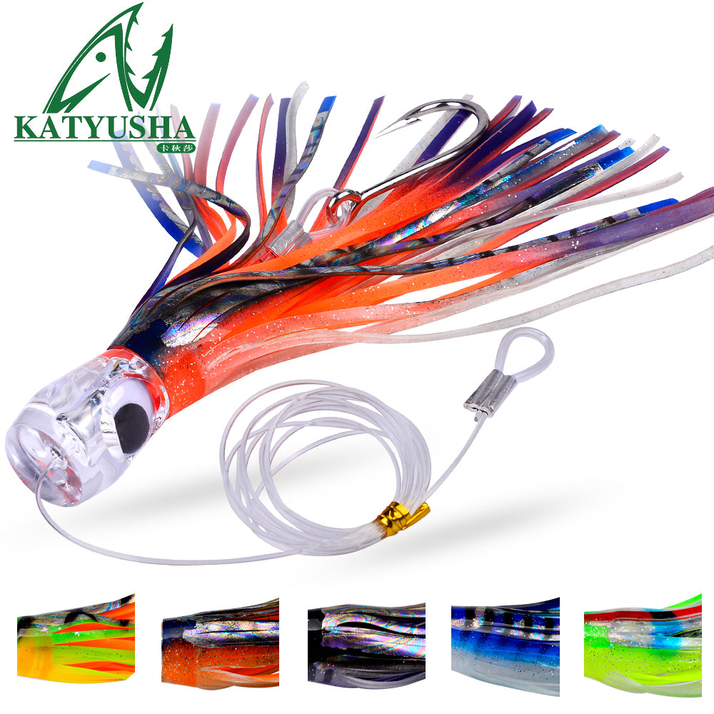 KATYUSHA Squid Trolling Lure, 70g/ 96g, 17/ 23cm, 6/ 8/ 0# Hook & 170cm Leader, Pre-Rigged Squid Skirt, for Tuna Marlin Mahi-Mahi