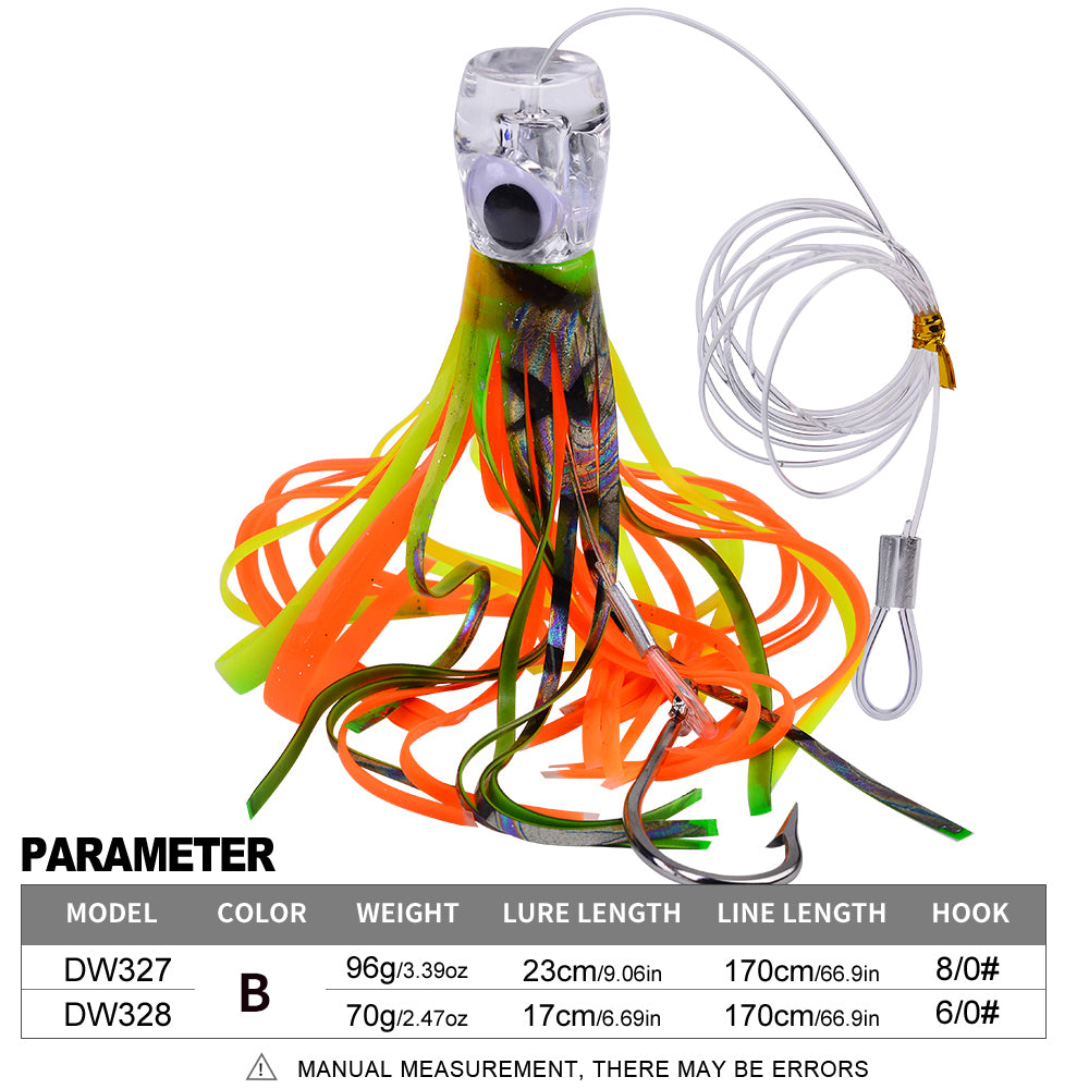 KATYUSHA Squid Trolling Lure, 70g/ 96g, 17/ 23cm, 6/ 8/ 0# Hook & 170cm Leader, Pre-Rigged Squid Skirt, for Tuna Marlin Mahi-Mahi