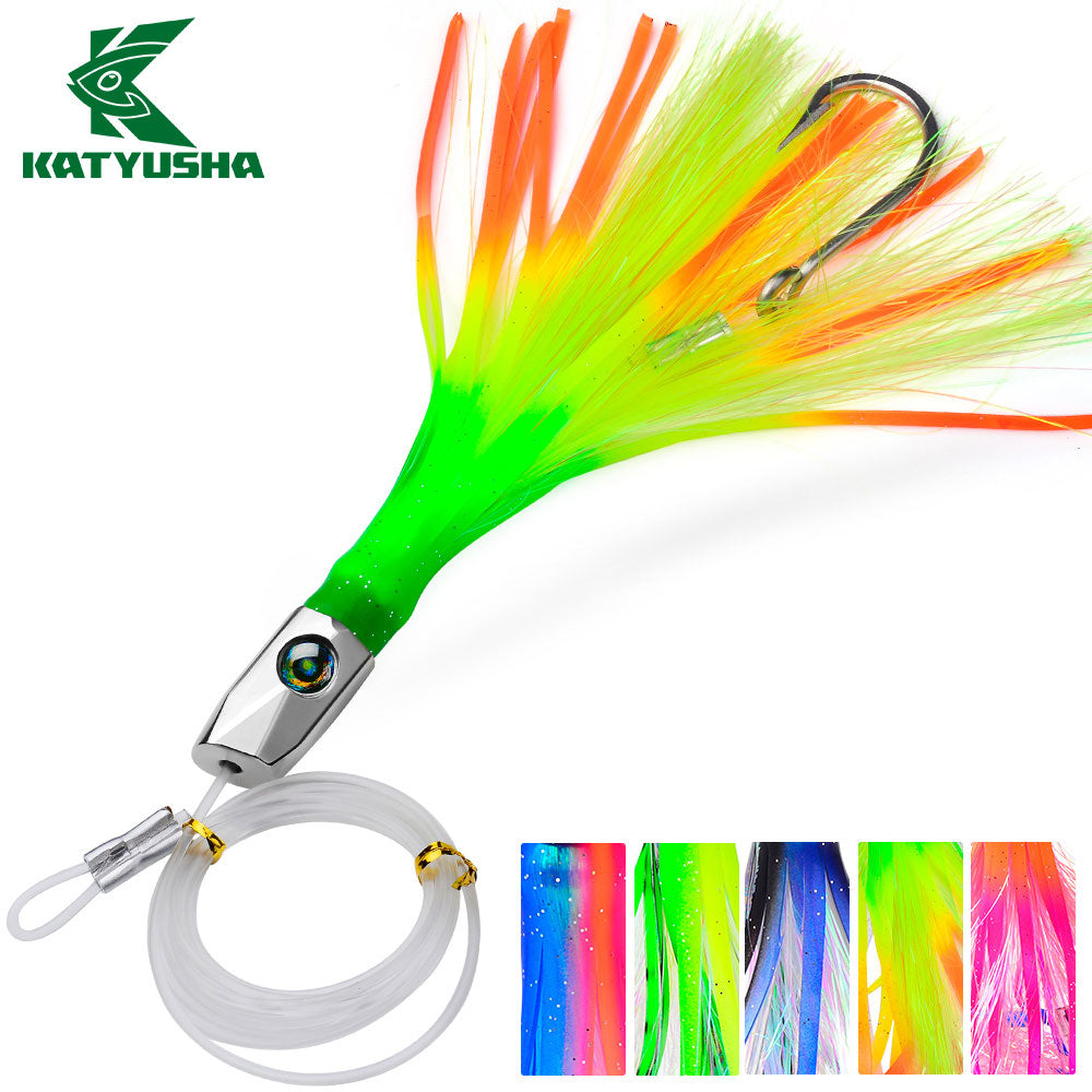 KATYUSHA Squid Trolling Lure, 85g, 22cm, 5PCS Set, with 8/ 0# Hook & 170cm Leader, Pre-Rigged Squid Skirt, for Tuna Marlin Mahi-Mahi