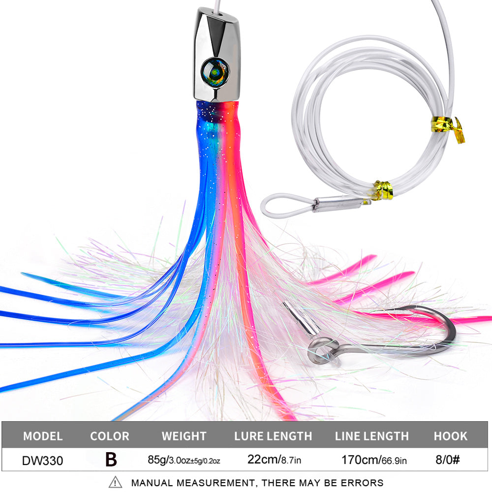 KATYUSHA Squid Trolling Lure, 85g, 22cm, 5PCS Set, with 8/ 0# Hook & 170cm Leader, Pre-Rigged Squid Skirt, for Tuna Marlin Mahi-Mahi
