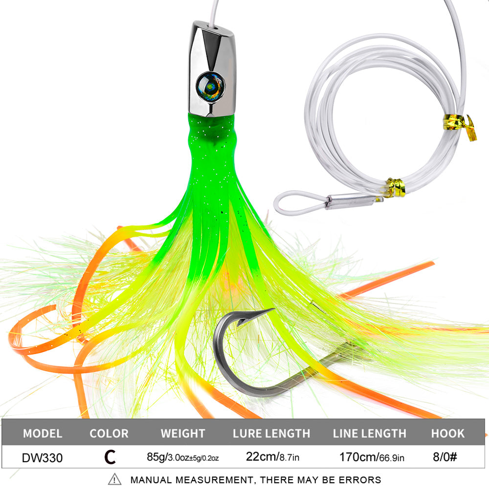 KATYUSHA Squid Trolling Lure, 85g, 22cm, 5PCS Set, with 8/ 0# Hook & 170cm Leader, Pre-Rigged Squid Skirt, for Tuna Marlin Mahi-Mahi