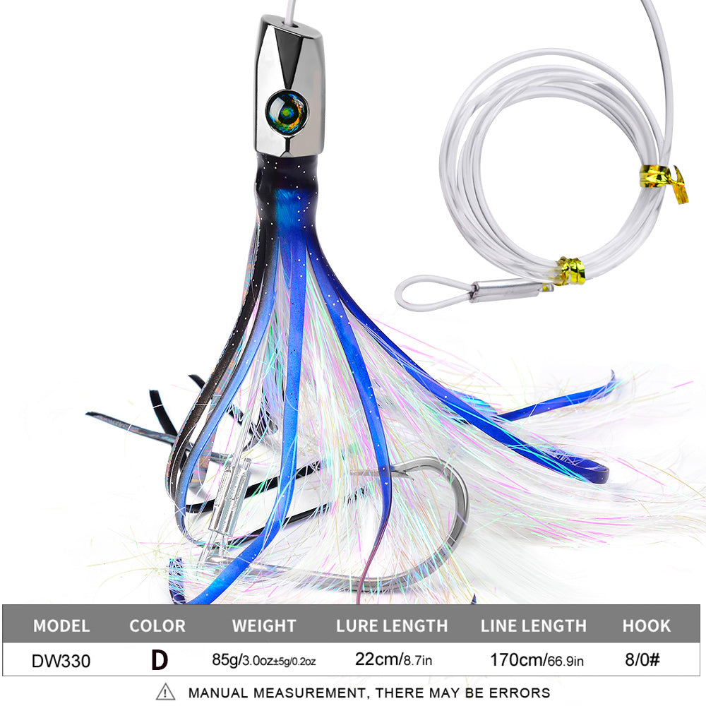 KATYUSHA Squid Trolling Lure, 85g, 22cm, 5PCS Set, with 8/ 0# Hook & 170cm Leader, Pre-Rigged Squid Skirt, for Tuna Marlin Mahi-Mahi