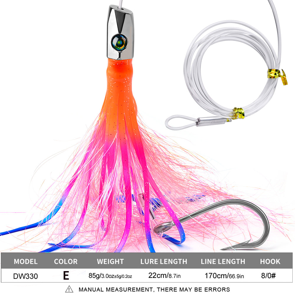 KATYUSHA Squid Trolling Lure, 85g, 22cm, 5PCS Set, with 8/ 0# Hook & 170cm Leader, Pre-Rigged Squid Skirt, for Tuna Marlin Mahi-Mahi
